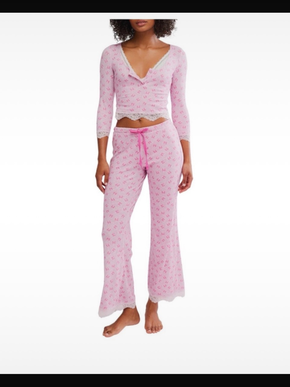 Free People Pink Lace-Trim Long Sleeve Pajama Set